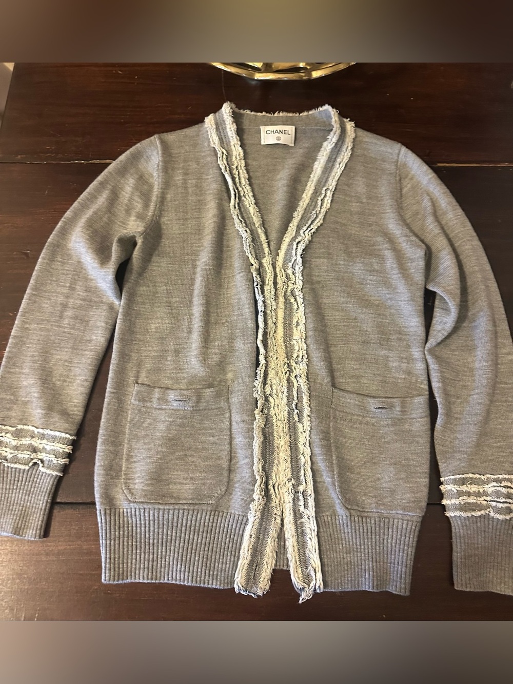 CC Grey Knit Cardigan with Distressed denim Trim